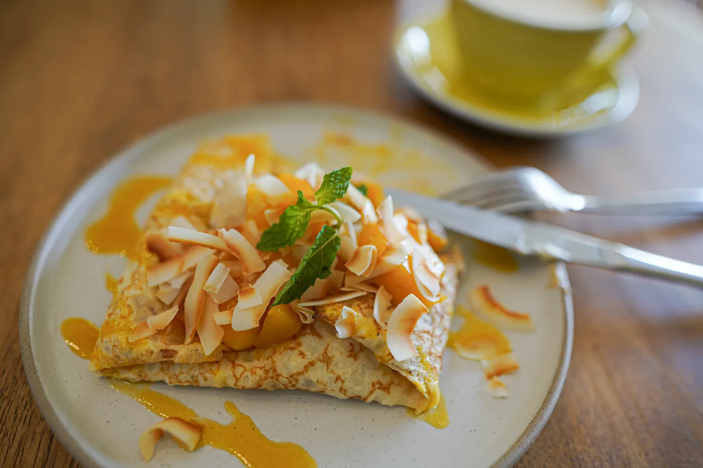 Mango crepe and coffee at Sunway Cafe